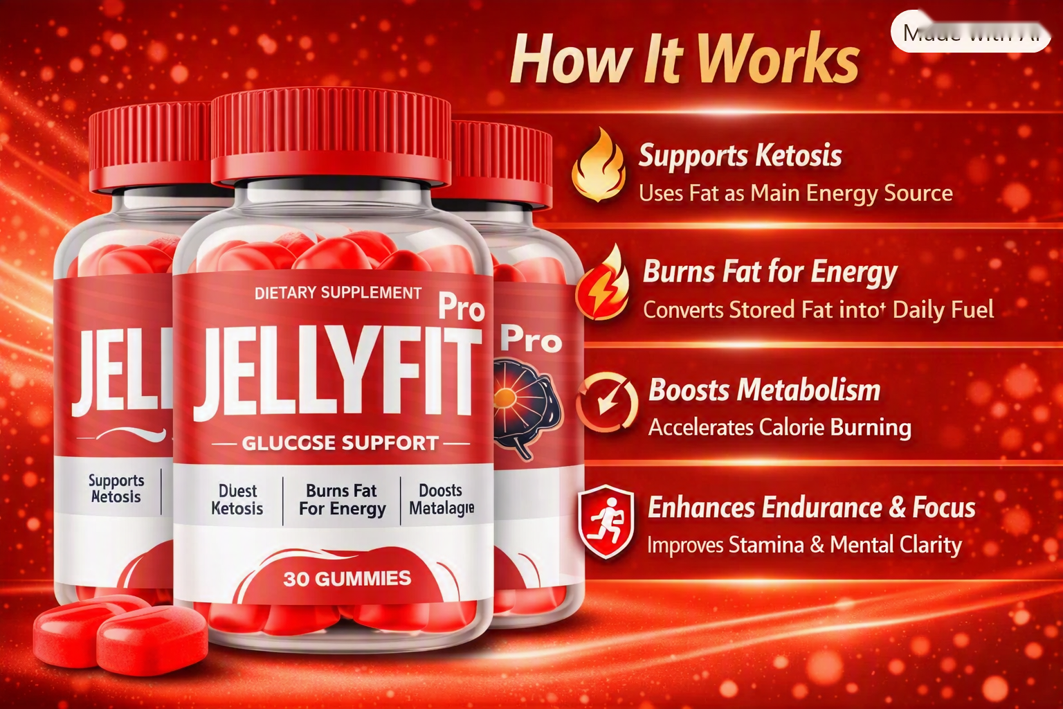 JellyFit Pro product graphic describing ketosis, energy, metabolism, endurance, and focus support